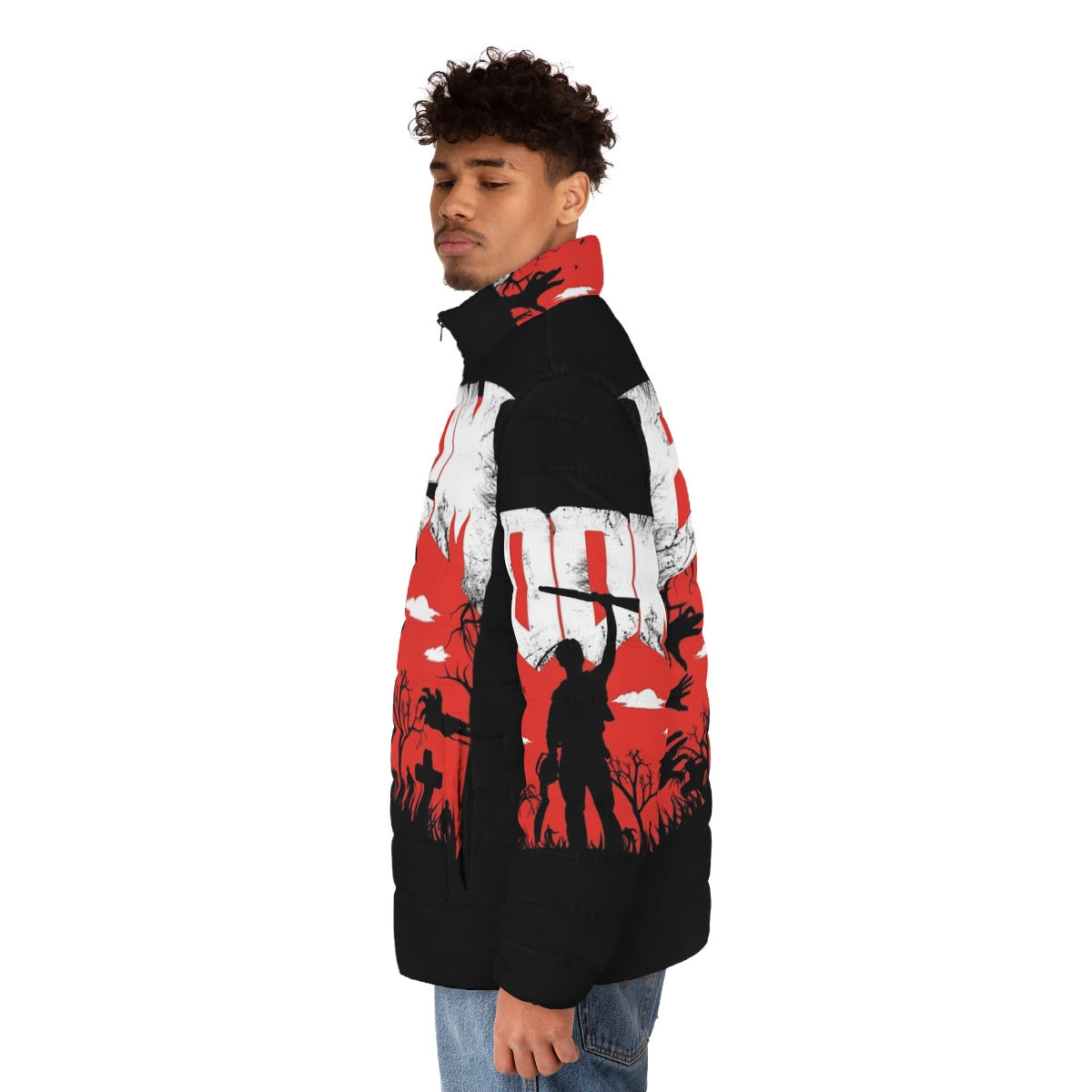 Boomstick puffer jacket with red and black design, featuring references to the Evil Dead franchise and Army of Darkness - men side left