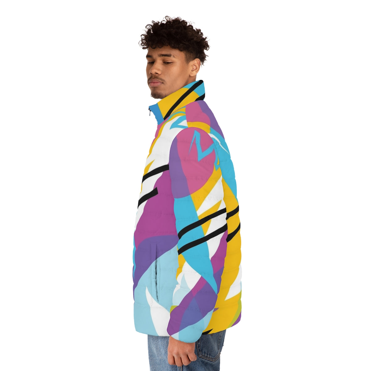 80s style retro fashion puffer jacket with neon pattern - men side left