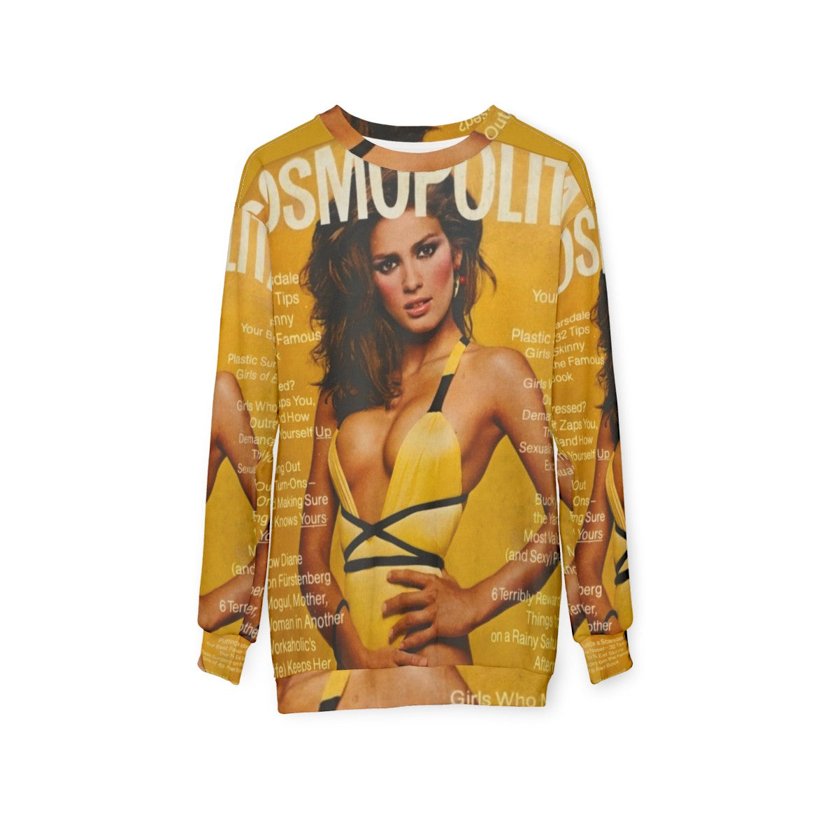 Gia Carangi's famous Cosmopolitan yellow swimsuit sweatshirt - hanging