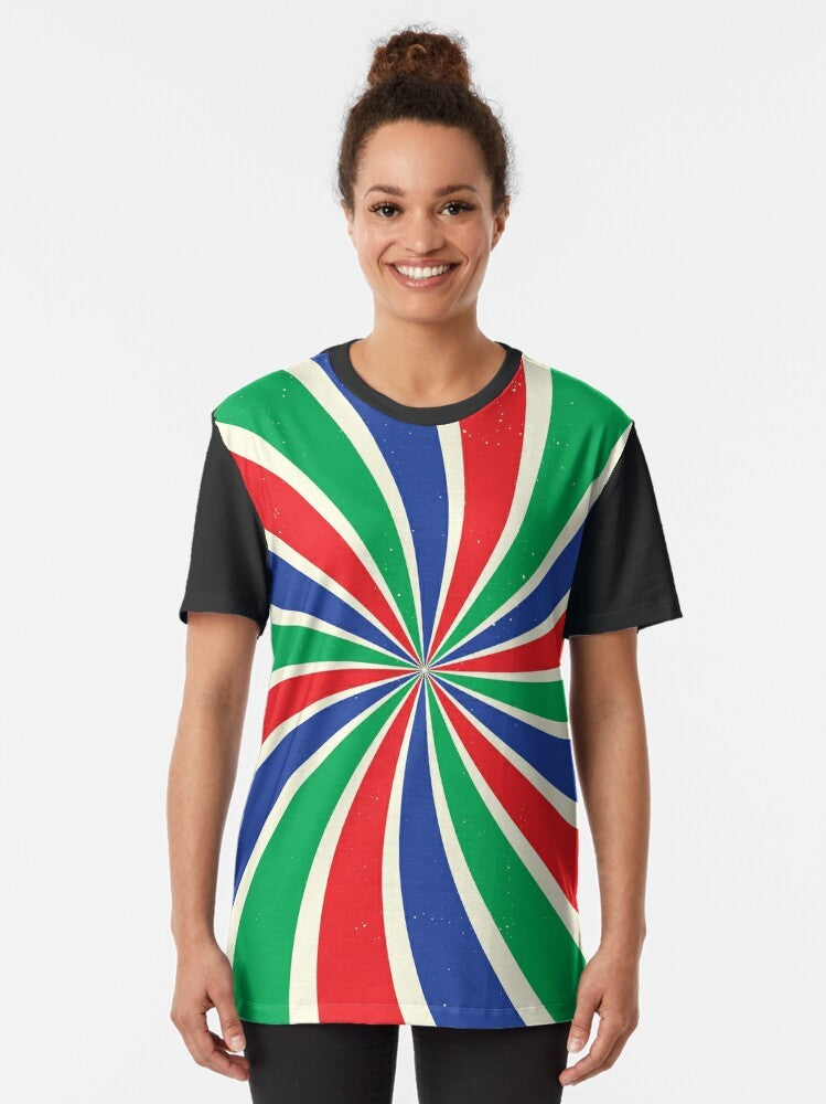 Retro sunburst graphic t-shirt with textured, twisted pattern in red, green, and blue colors - Women