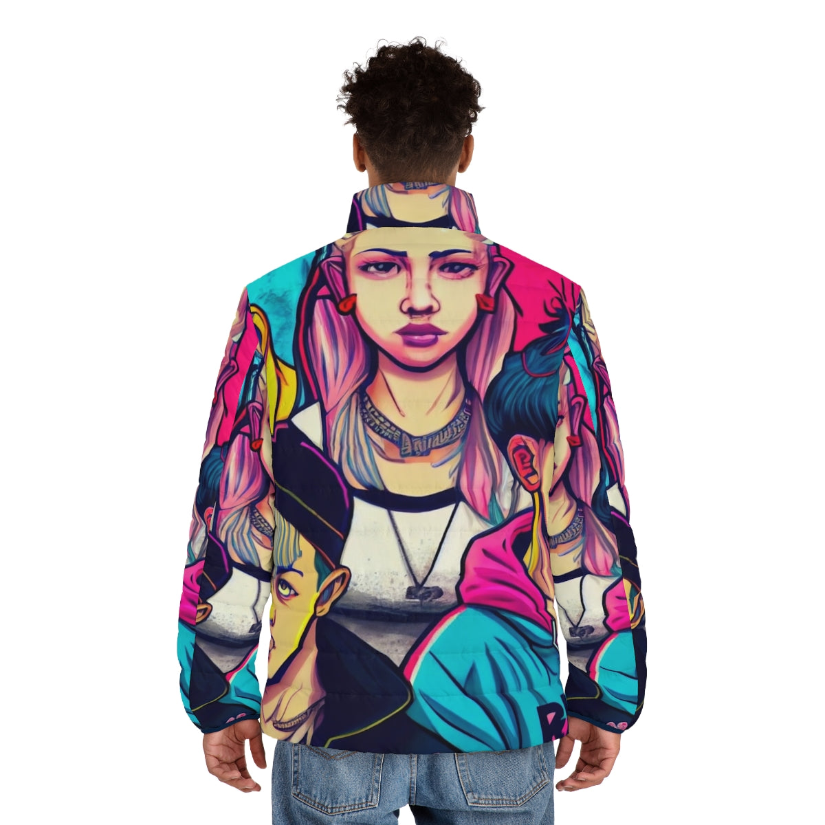 Young Royals inspired cyberpunk manga style puffer jacket - men back