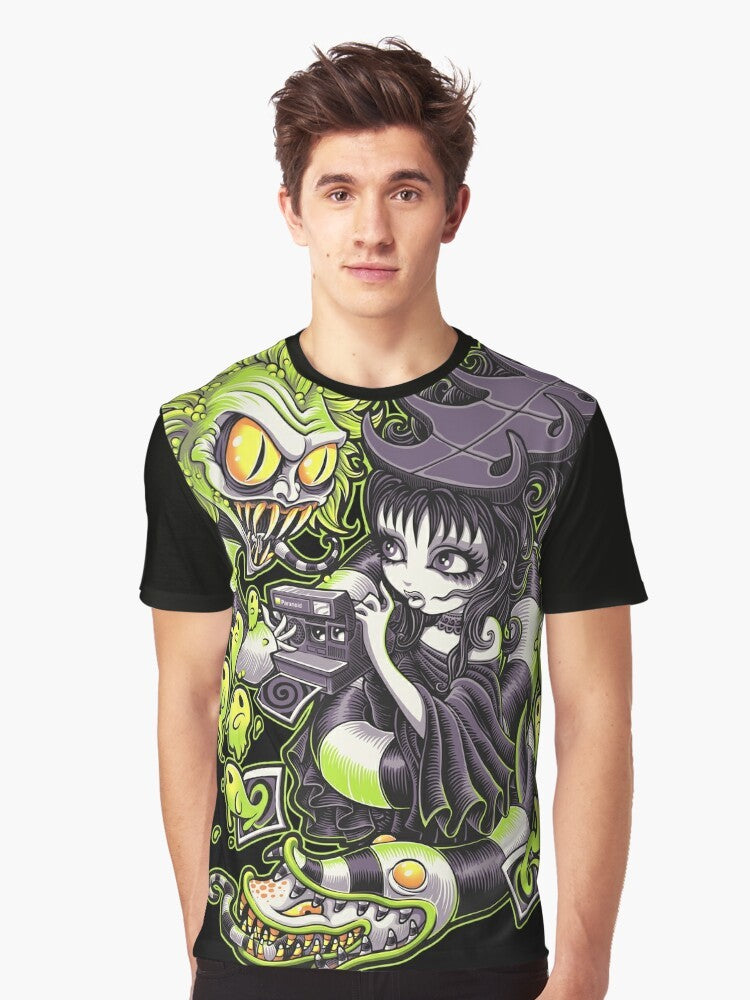 Beetlejuice-inspired graphic t-shirt with gothic horror elements including snake, zombie, and tattoo designs - Men