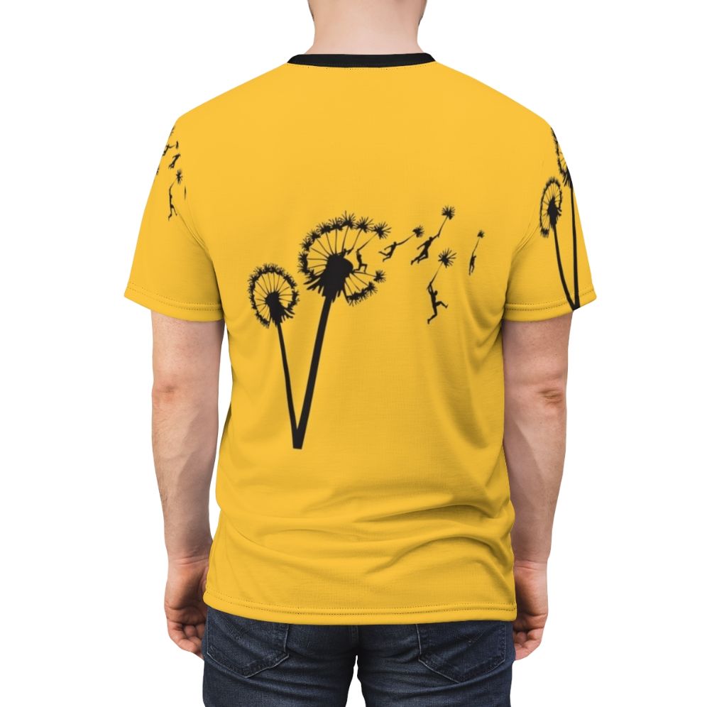 Whimsical illustration of dandelion seeds floating in the wind, with stylized human silhouettes - men back