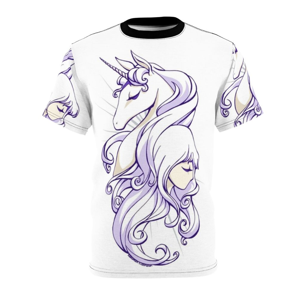 Magical fantasy unicorn artwork on a high-quality t-shirt, inspired by the beloved film The Last Unicorn.