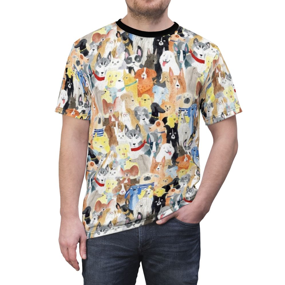 Watercolor illustration of a diverse pack of happy dogs on a t-shirt - men front