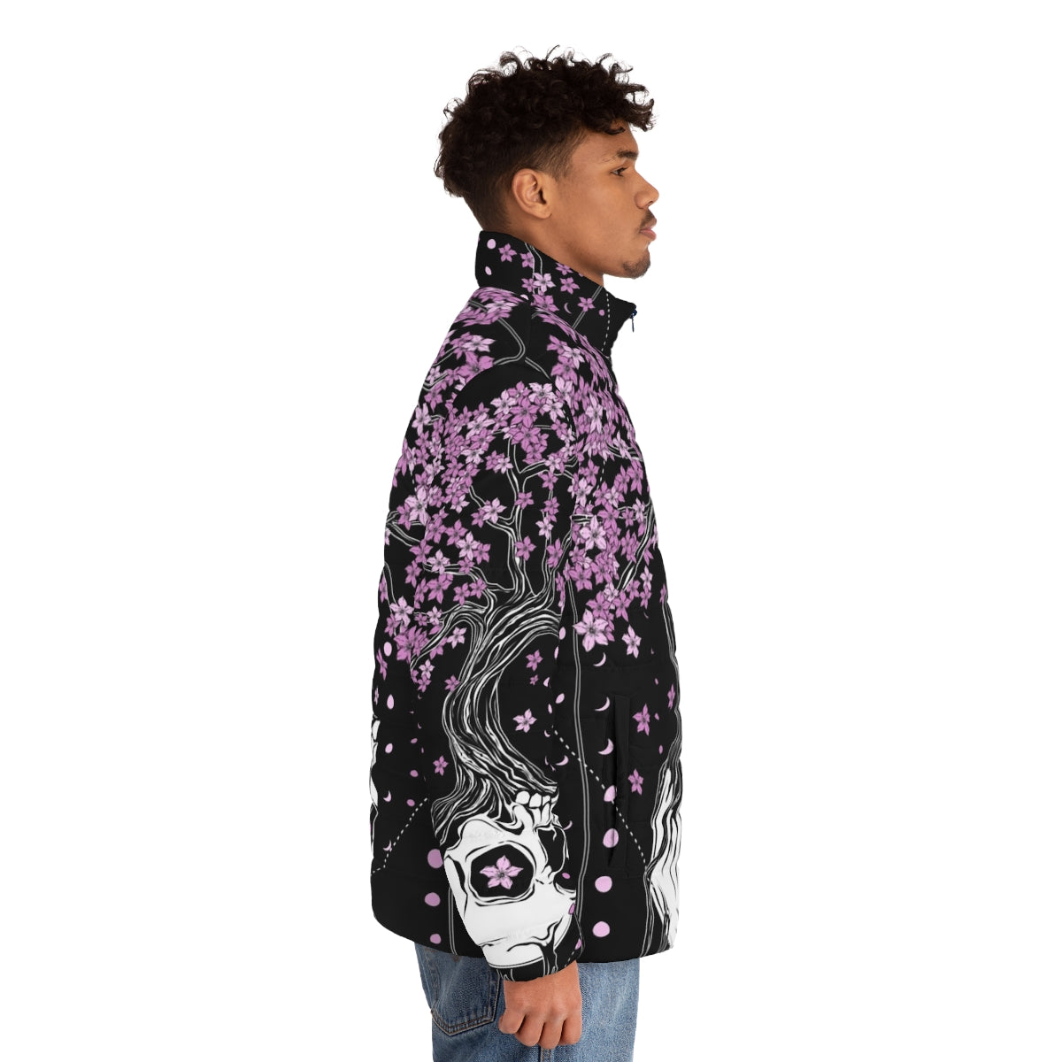 Afterlife puffer jacket with skull and cherry blossom floral design - men side right