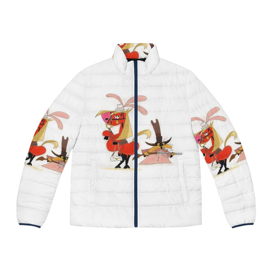 A puffer jacket featuring a horse and marmot character in a wild west setting