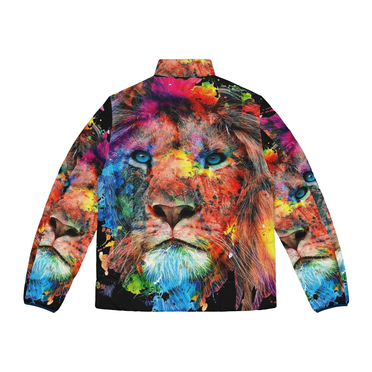 Vibrant watercolor painting of a majestic lion on a cozy puffer jacket - Back