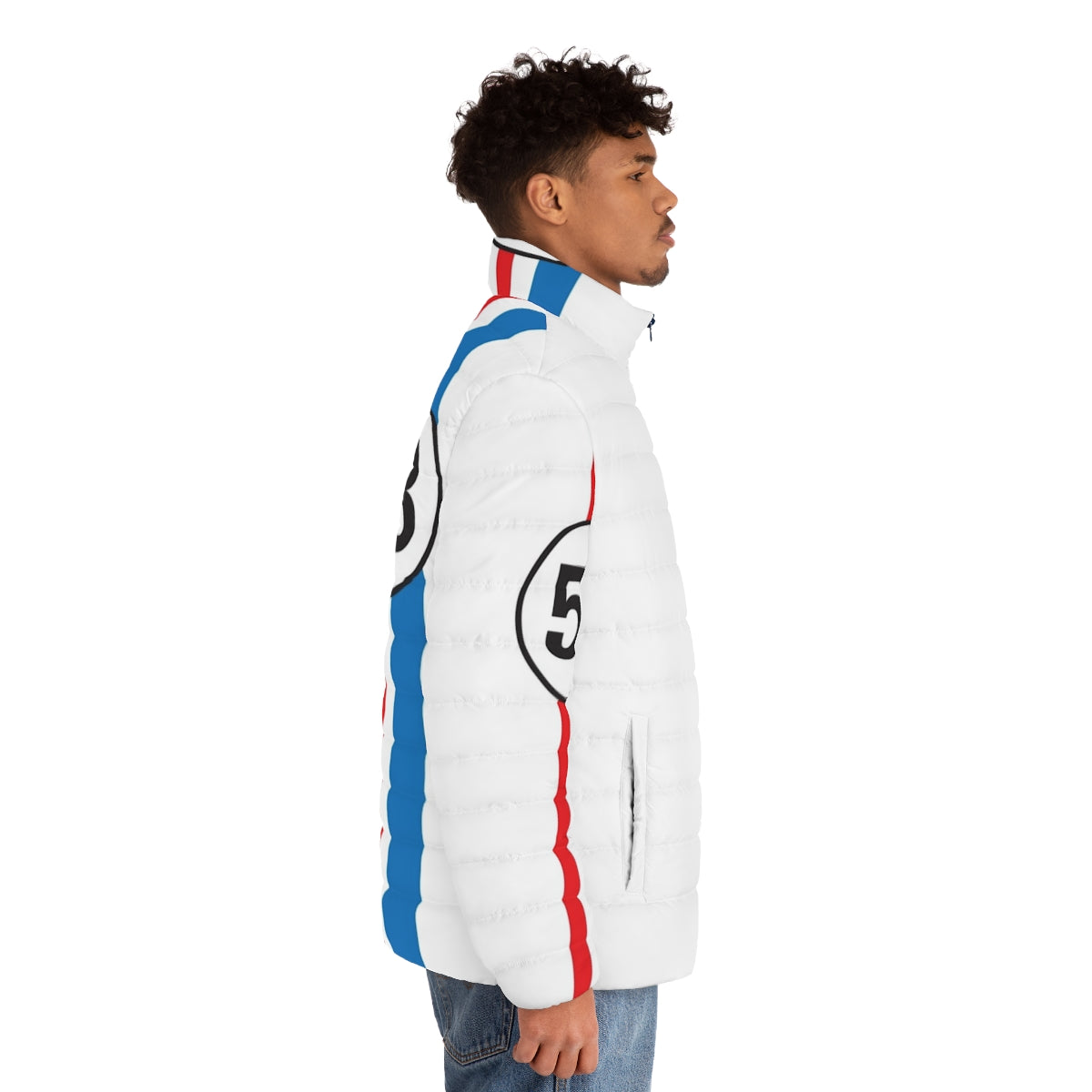 Herbie the Love Bug inspired puffer jacket with retro 53 beetle design - men side right