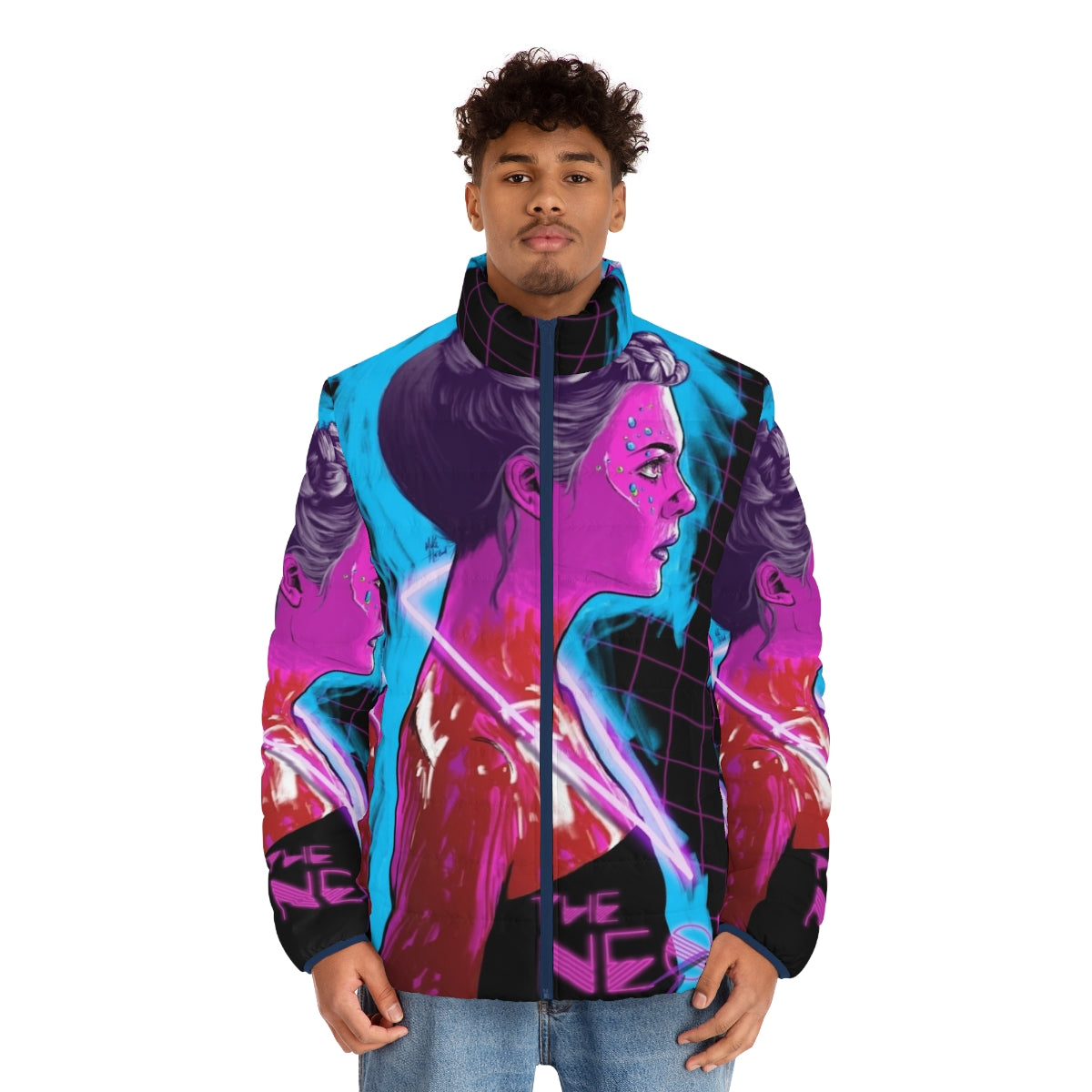 Neon Demon Puffer Jacket - A vibrant, futuristic puffer jacket inspired by the cult classic film - men front