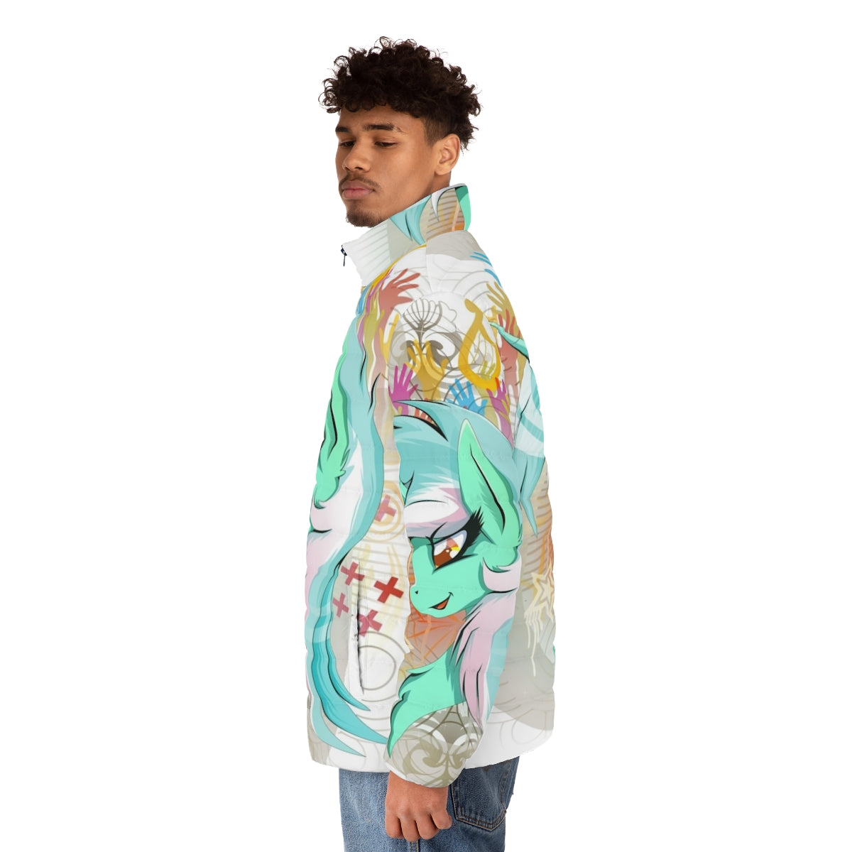 Lyra Heartstrings inspired puffer jacket with unicorn design - men side left