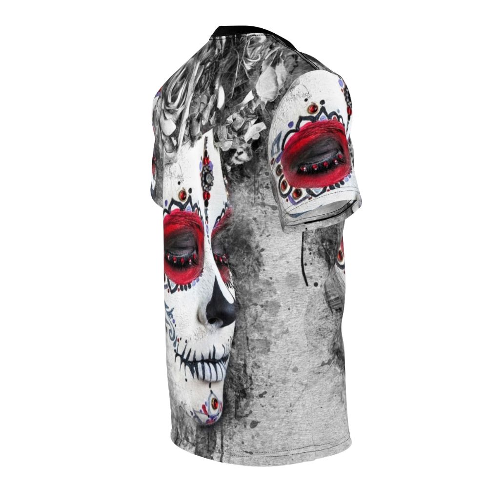 Boho Queen Sugar Skull AOP T-shirt featuring a watercolor floral wreath design - men right