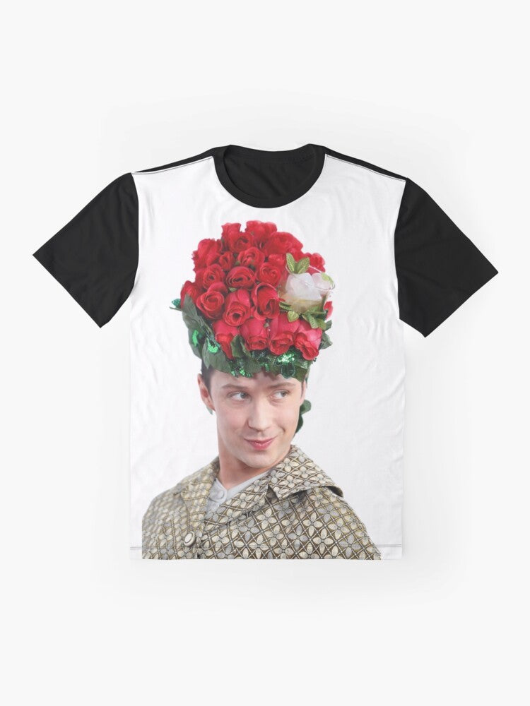 Johnny Weir Mint Julep Hat Graphic T-Shirt, featuring figure skater Johnny Weir and a mint julep hat design. - Flat lay