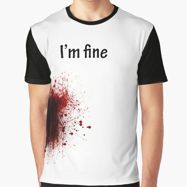 "I Am Fine" graphic t-shirt with a playful, imaginative design featuring a shooter, blood, and the text "I Am Fine"