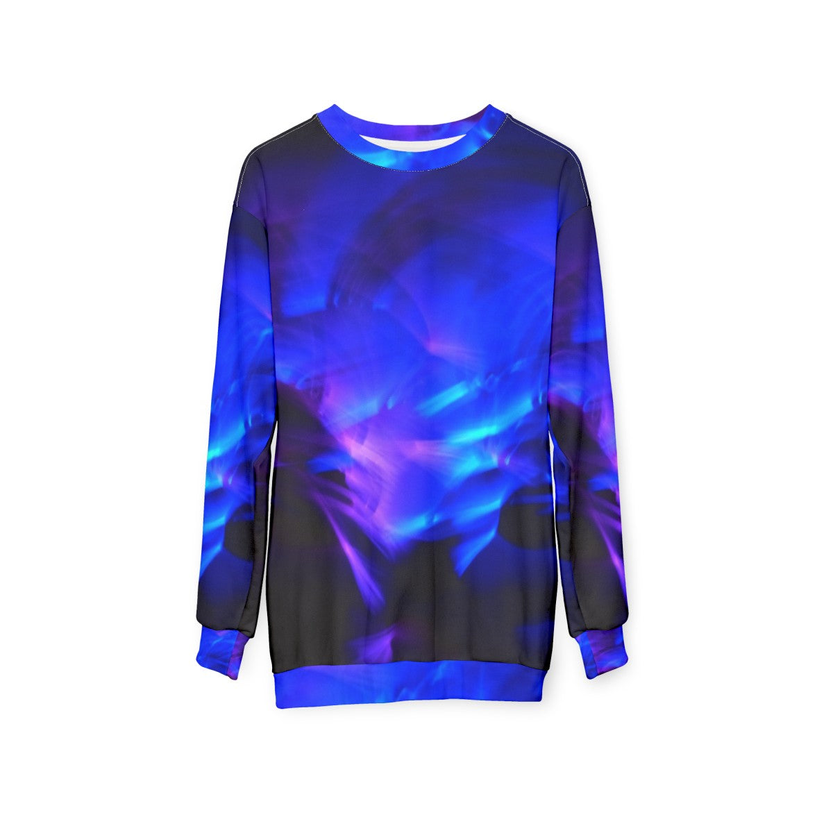 Glow in the dark sweatshirt with vibrant, swirling design - hanging