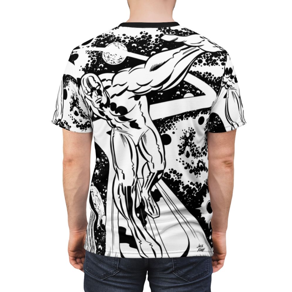 Artistic silver surfer character in black and white graphic design for a t-shirt - men back