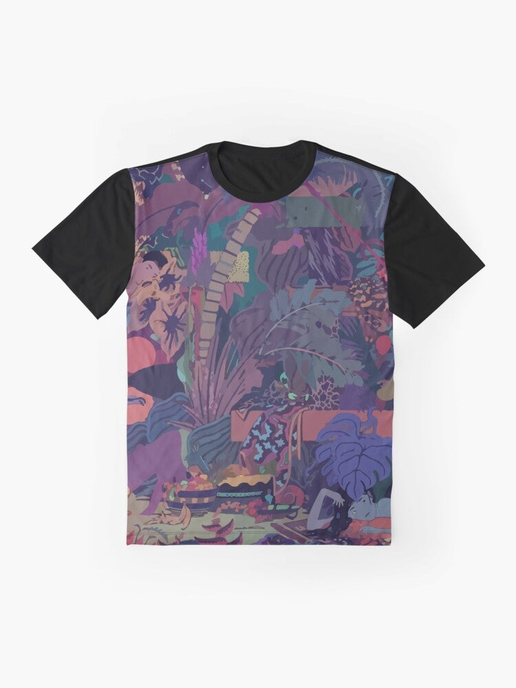 Glass Animals "ZABA" Graphic T-Shirt featuring a colorful, abstract, and moody album cover design. - Flat lay