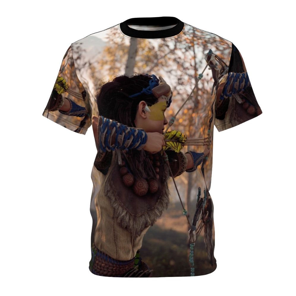 A high-quality t-shirt featuring a digital illustration of the character Aloy from the popular video game Horizon Zero Dawn, wielding a bow and arrow.