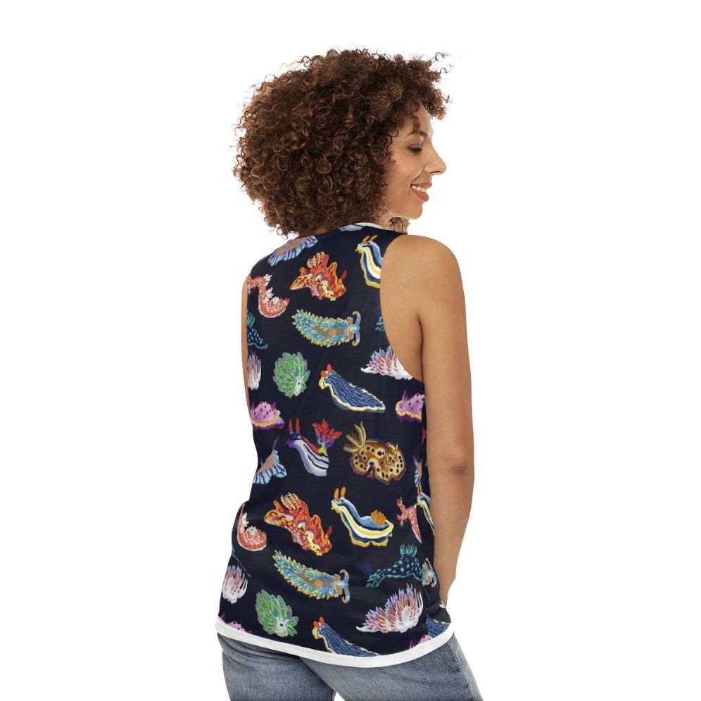 Colorful unisex tank top with nudibranch sea slug design - women back