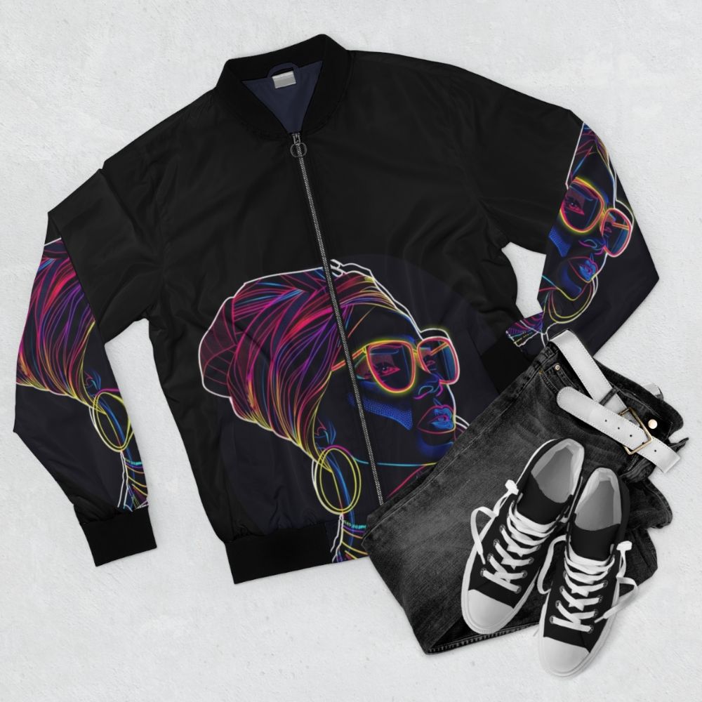 Radiant Queen Neon Bomber Jacket featuring a vibrant, glowing silhouette of an African woman in modern, artistic illustration style. - Flat lay