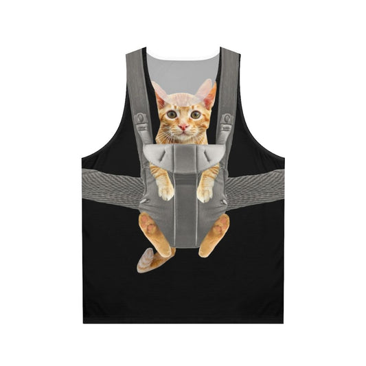 Unisex tank top with a funny cat in a baby carrier design