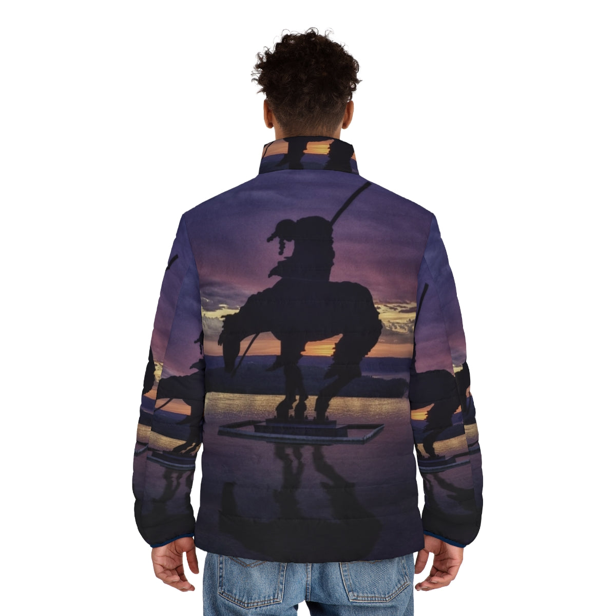 Native American tribal art sunset puffer jacket - men back