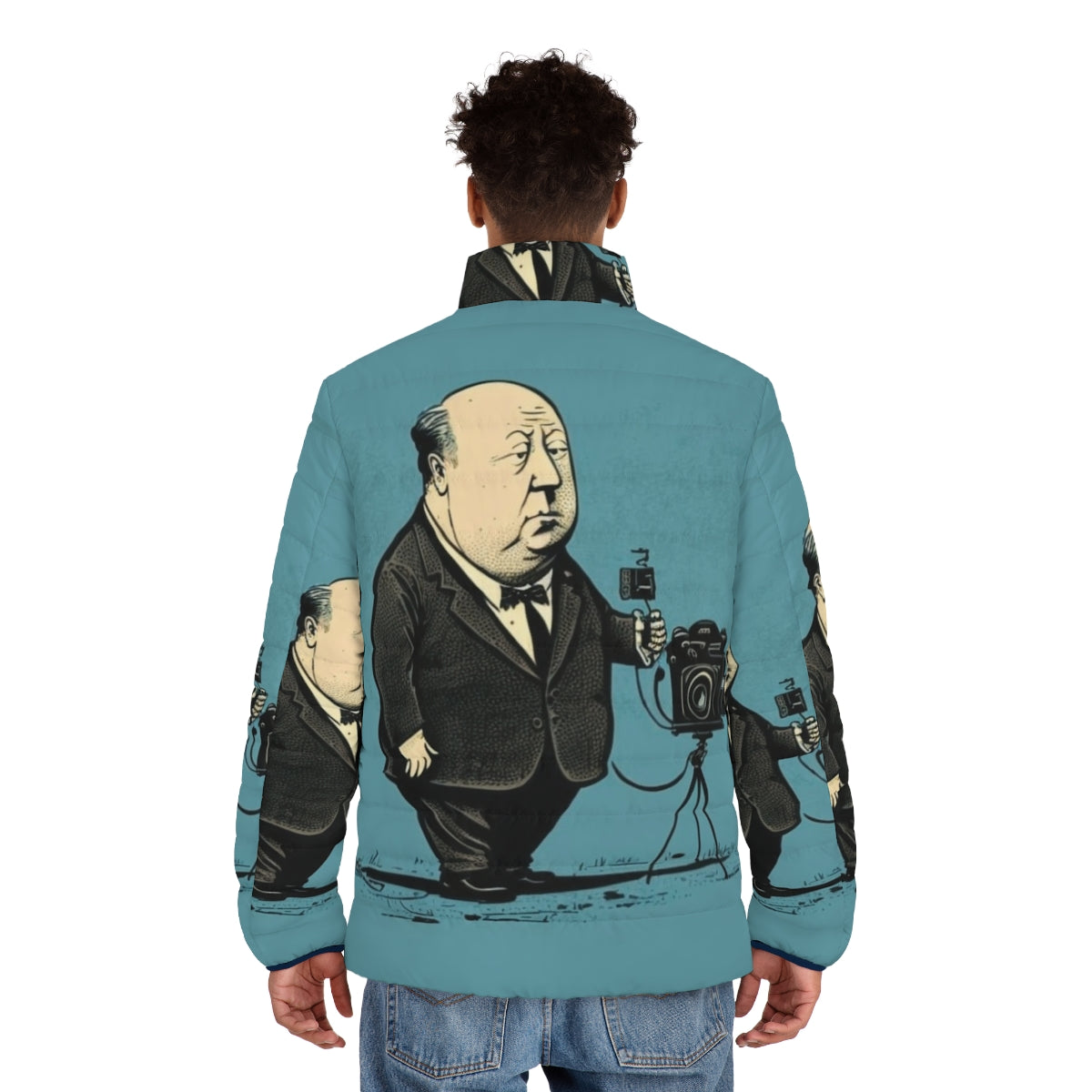 Alfred Hitchcock inspired puffer jacket with illustration design - men back