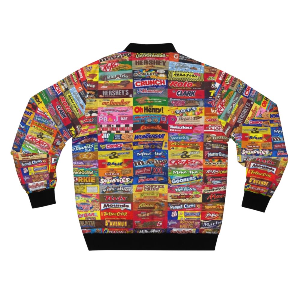 Candy Wrappers Bomber Jacket, featuring a colorful design of various candy wrappers - Back