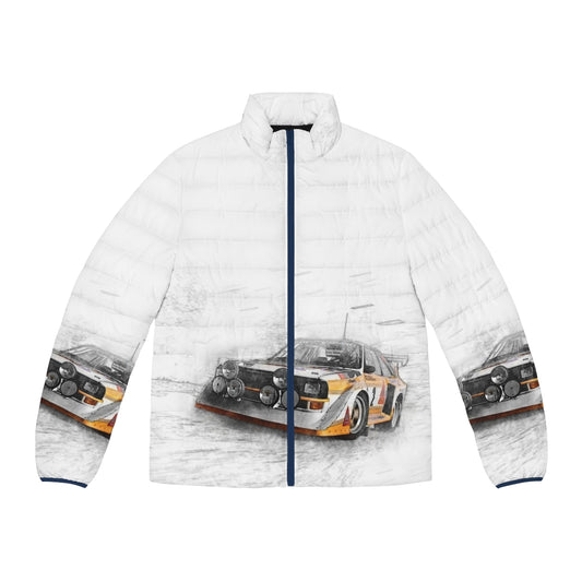 Puffer jacket with a retro rally car illustration, featuring an Audi Quattro in a painting effect.