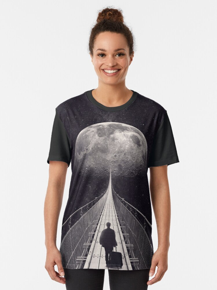 Astronaut floating among stars and moon in a surreal, cosmic graphic t-shirt design. - Women