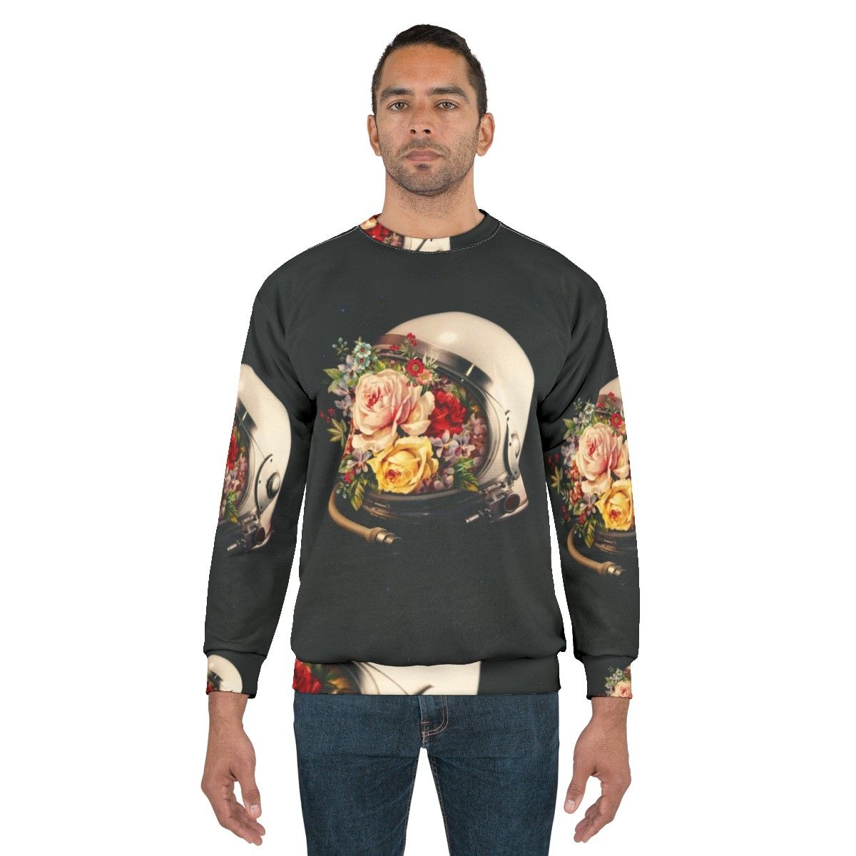 Celestial Bloom Astronaut Sweatshirt featuring a surreal collage of an astronaut, stars, and flowers - men