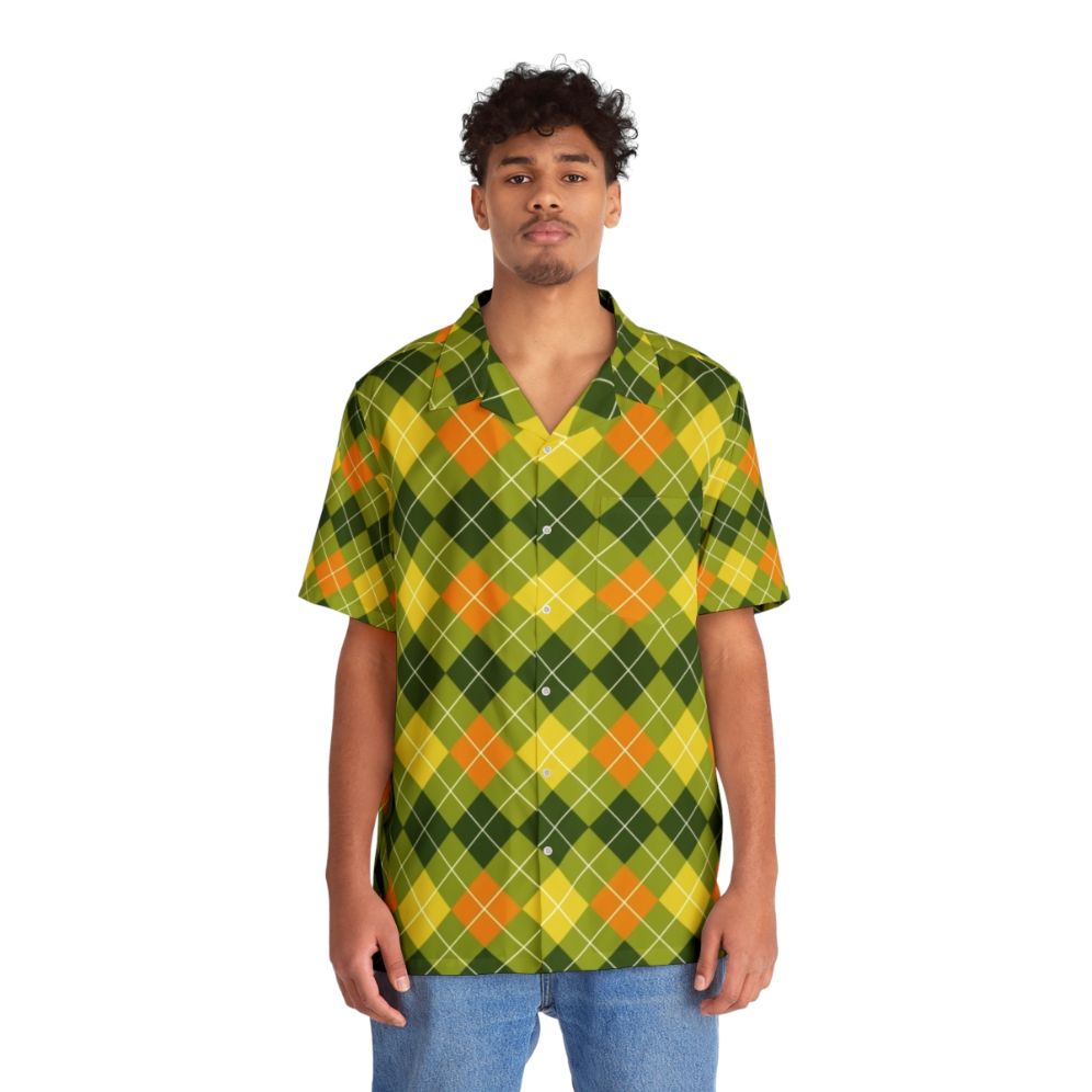 Colorful argyle pattern Hawaiian shirt in yellow, orange, and green - People Front