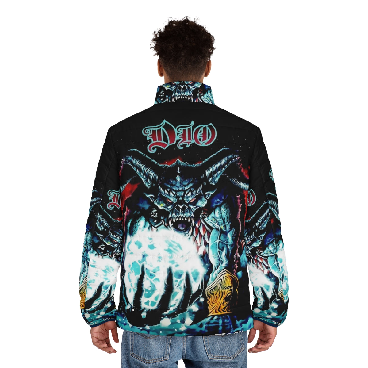 A puffer jacket featuring a metalhead design with a moon and demonic elements - men back