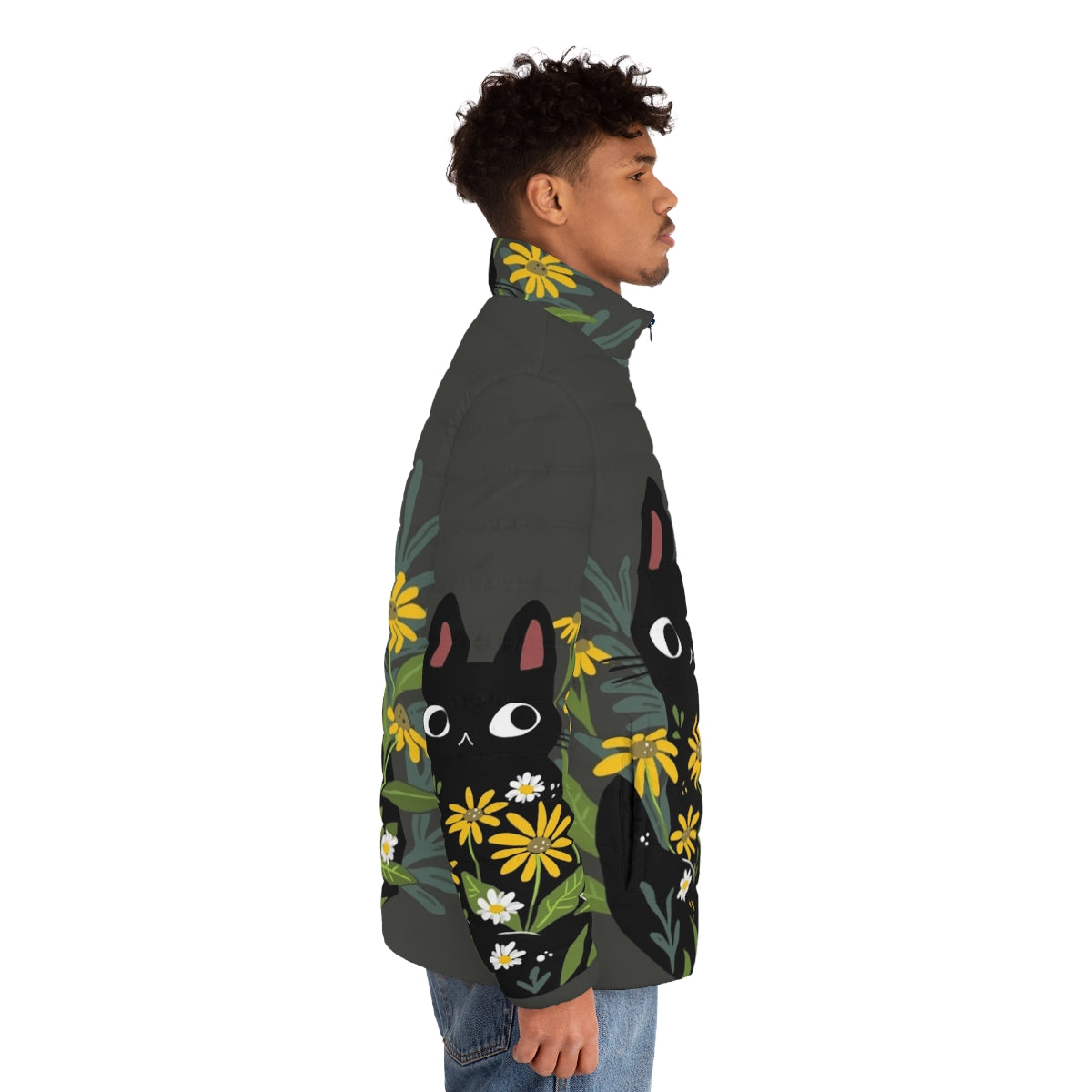 Black cat puffer jacket with colorful flowers - men side right