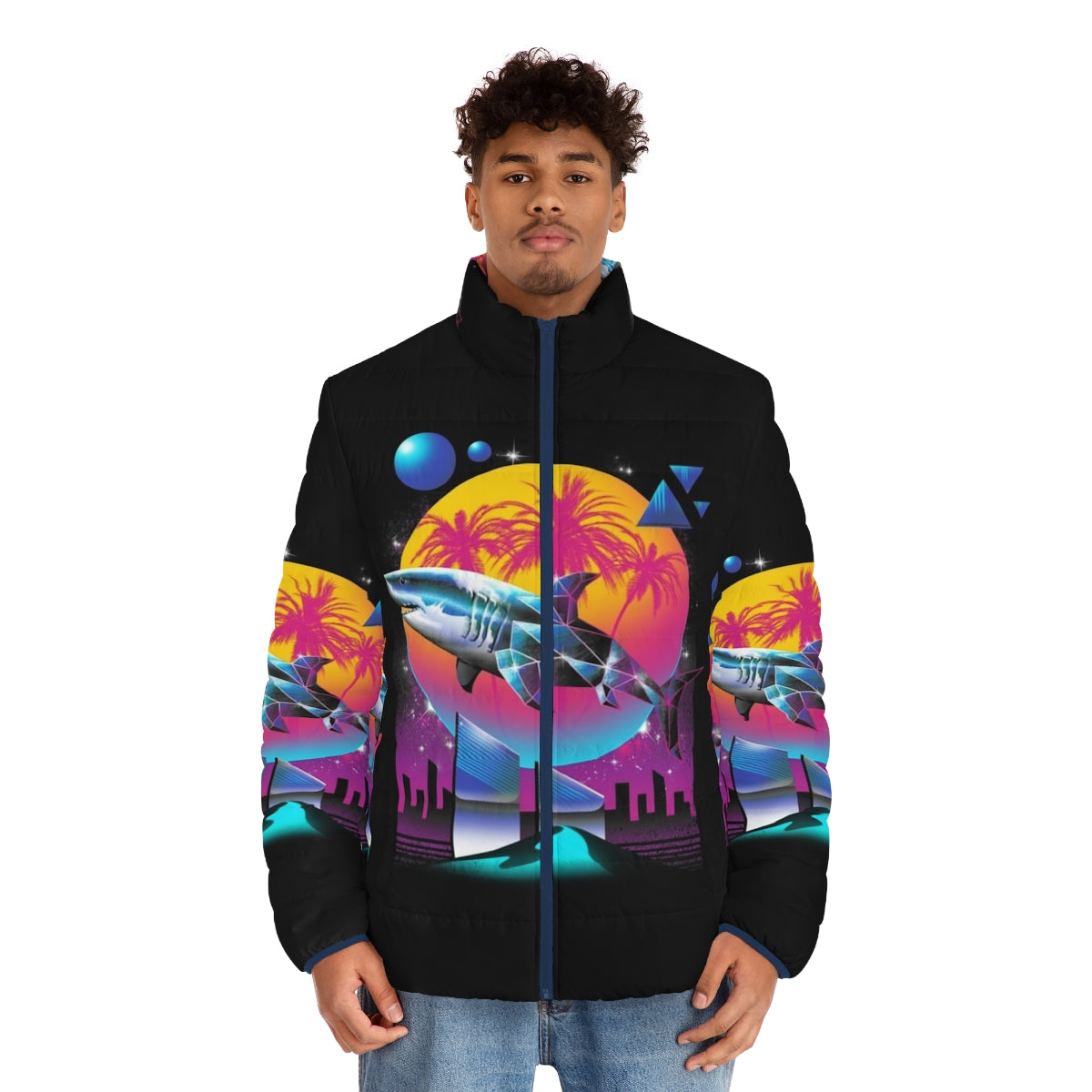 Rad Shark Puffer Jacket with bold animal print and neon accents - men front