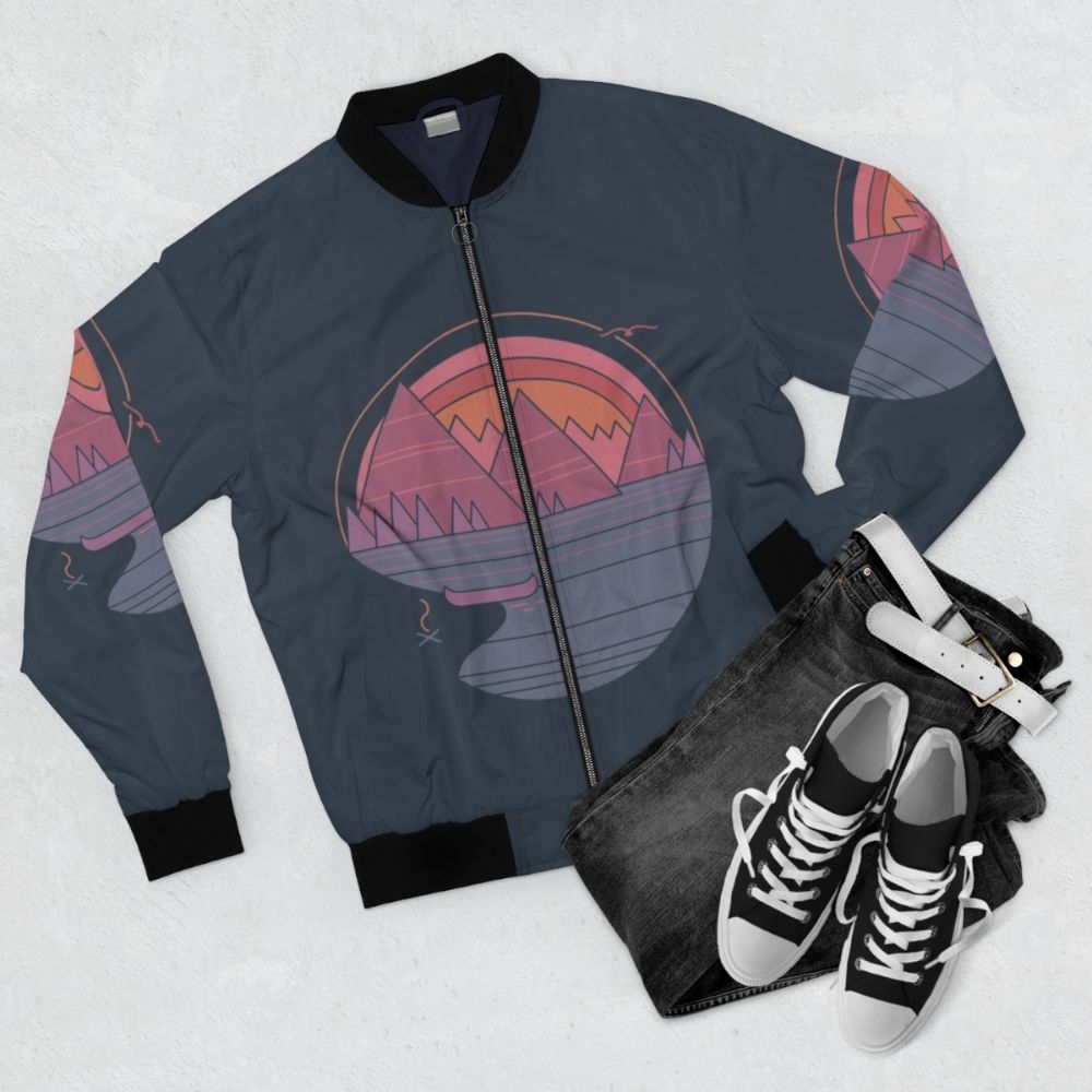 Vintage-style bomber jacket with a minimalist mountain landscape design - Flat lay