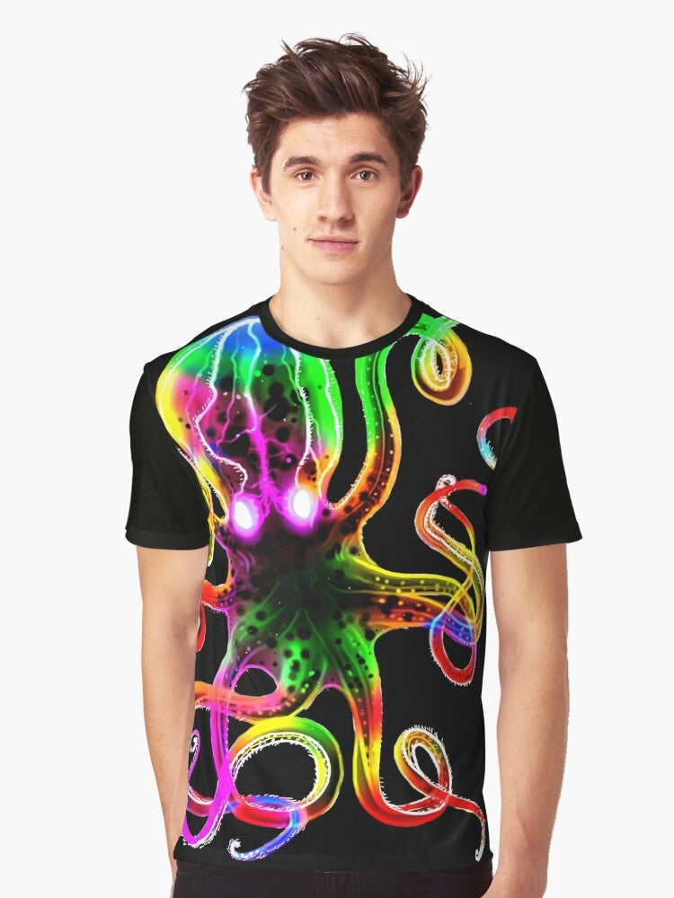 Vibrant rainbow octopus graphic on a glow-in-the-dark t-shirt design - Men