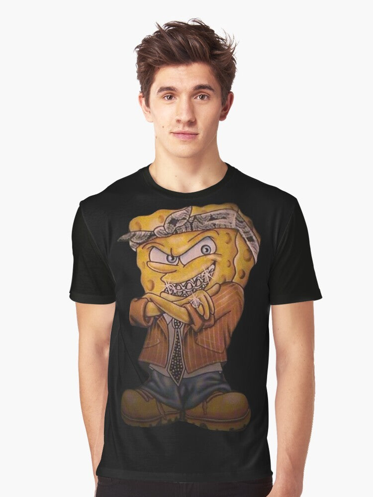 Spongebob Squarepants in a gangster-inspired outfit, wearing a tie, bandana, and grillz, with the text "Gangster Spongebob Graphic T-Shirt". - Men