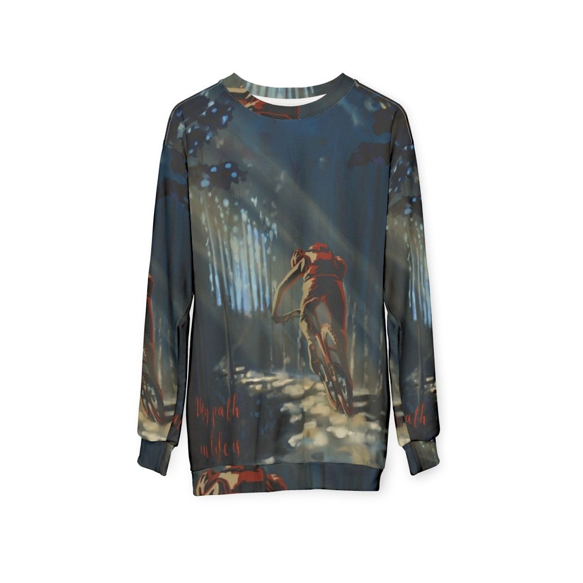 Outdoor adventure cycling sweatshirt with nature landscape design - hanging