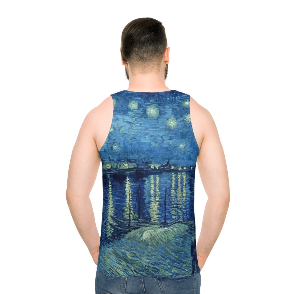 Unisex tank top featuring Van Gogh's Starry Night Over The Rhone painting - men back