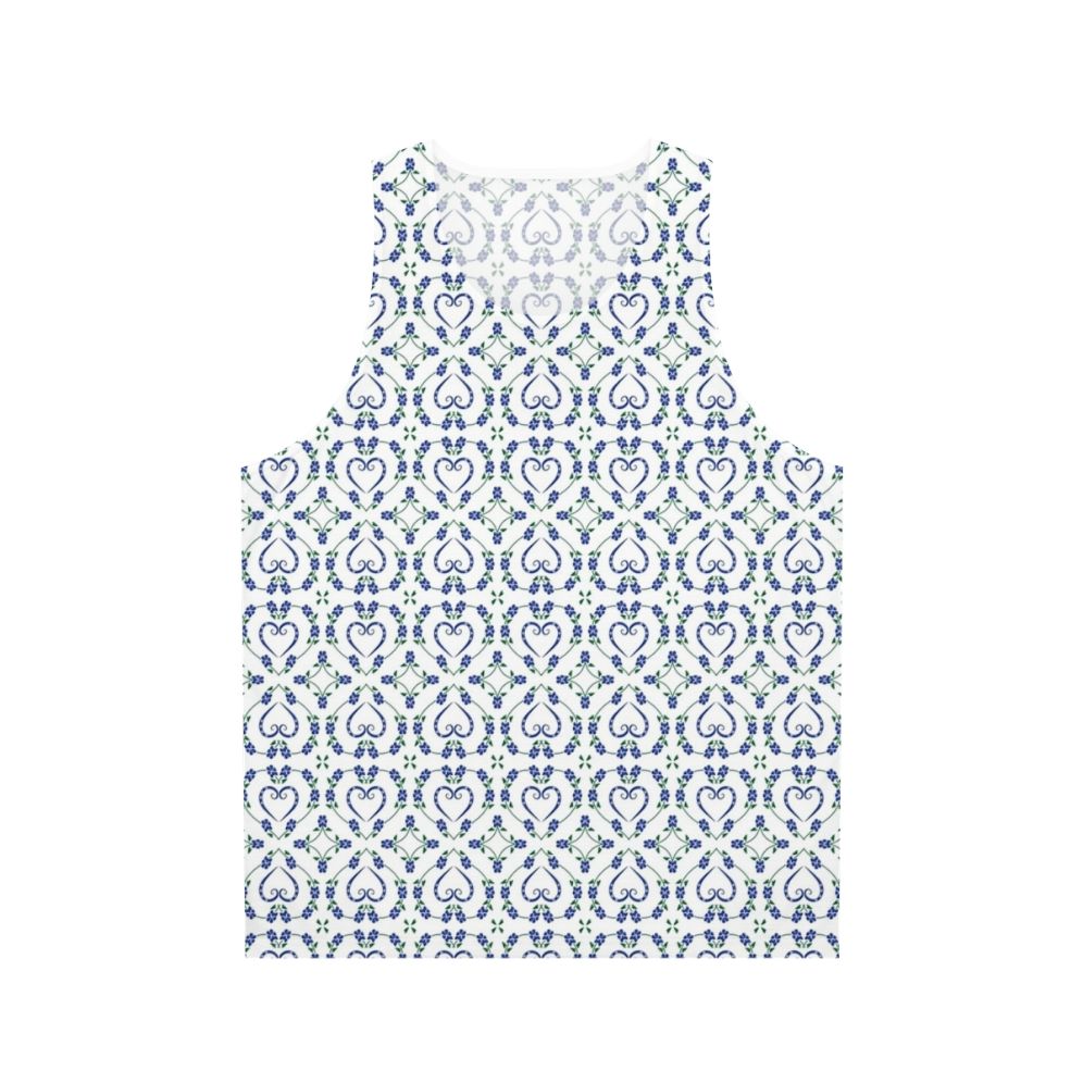 Blue unisex tank top with paw print and heart-shaped floral pattern