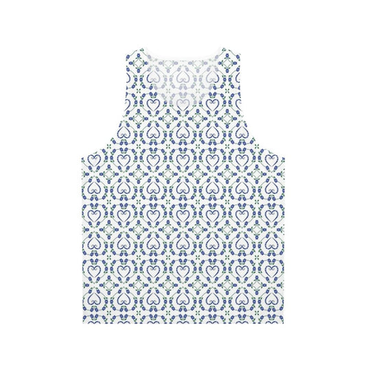 Blue unisex tank top with paw print and heart-shaped floral pattern