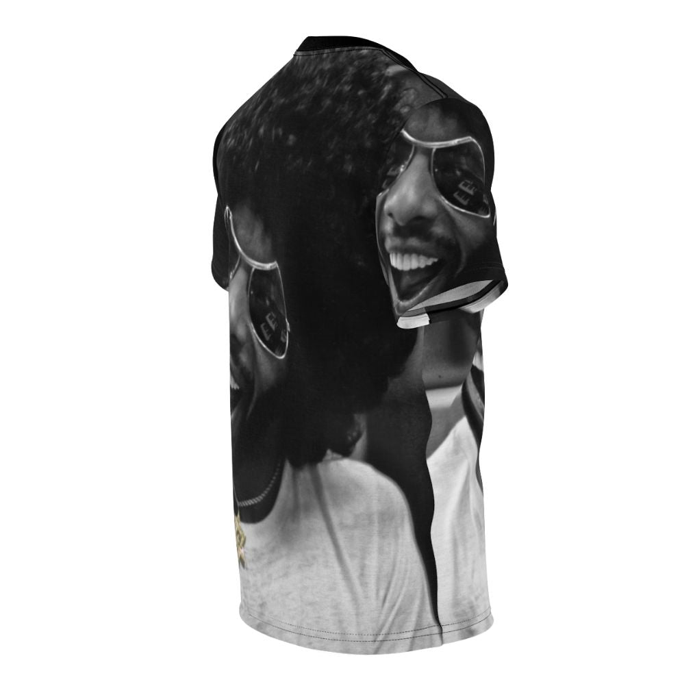 Artistic Tribute to Sly Stone's Music Studio AOP T-Shirt featuring black and white photography, selective color, and music-inspired elements - men right