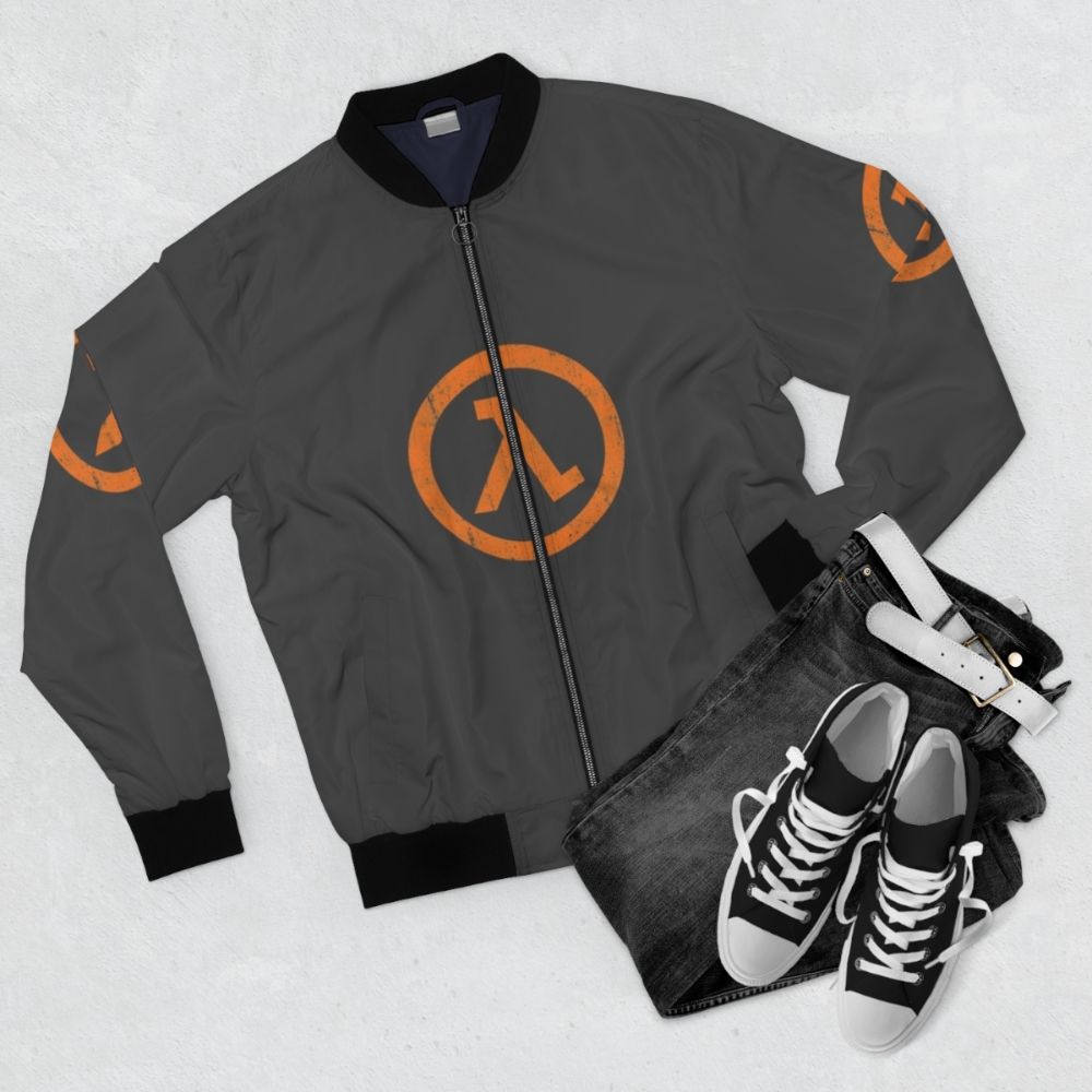 Half Life Lambda Symbol Gaming Bomber Jacket with Gordon Freeman design - Flat lay