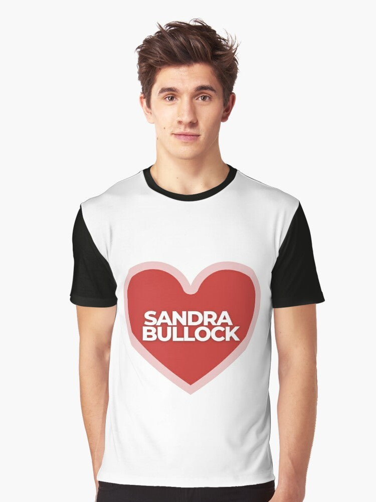 "I Love Sandra Bullock" graphic t-shirt design featuring a heart and the name "Sandra Bullock" - Men