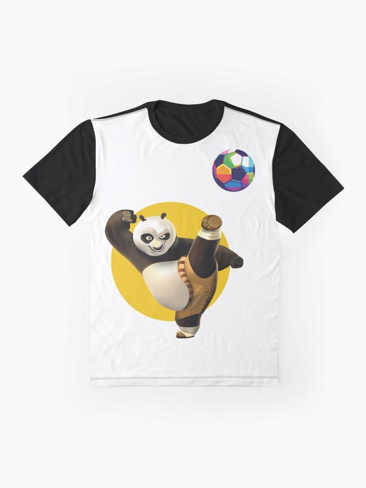 Cute panda cub playing soccer in the galaxy with planets and stars - Flat lay