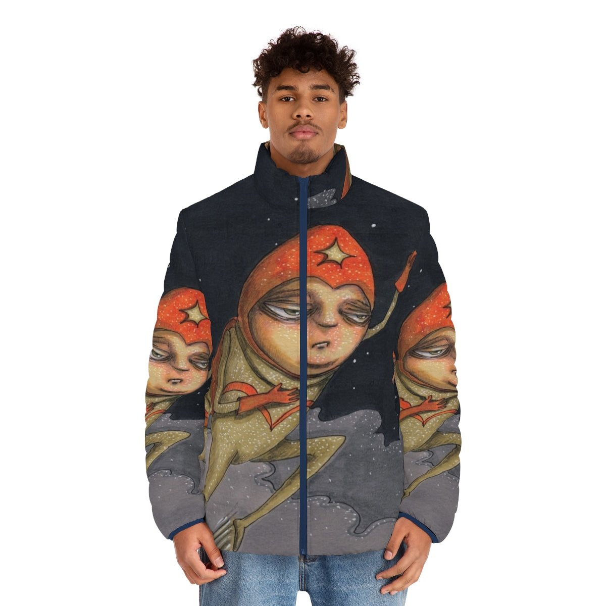 A puffer jacket featuring a hand-drawn superhero design with a cape and bold graphics - men front