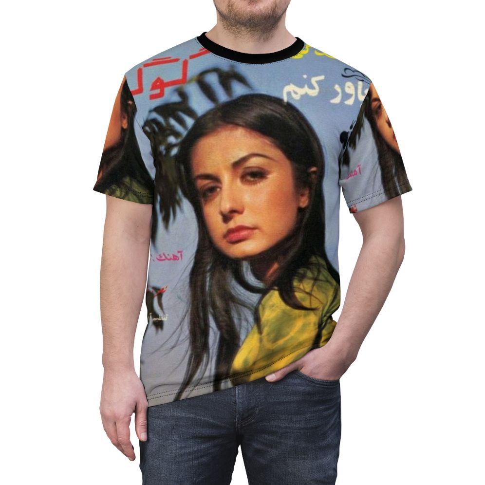 Vintage-style t-shirt featuring the album cover art of renowned Iranian pop singer Googoosh - men front