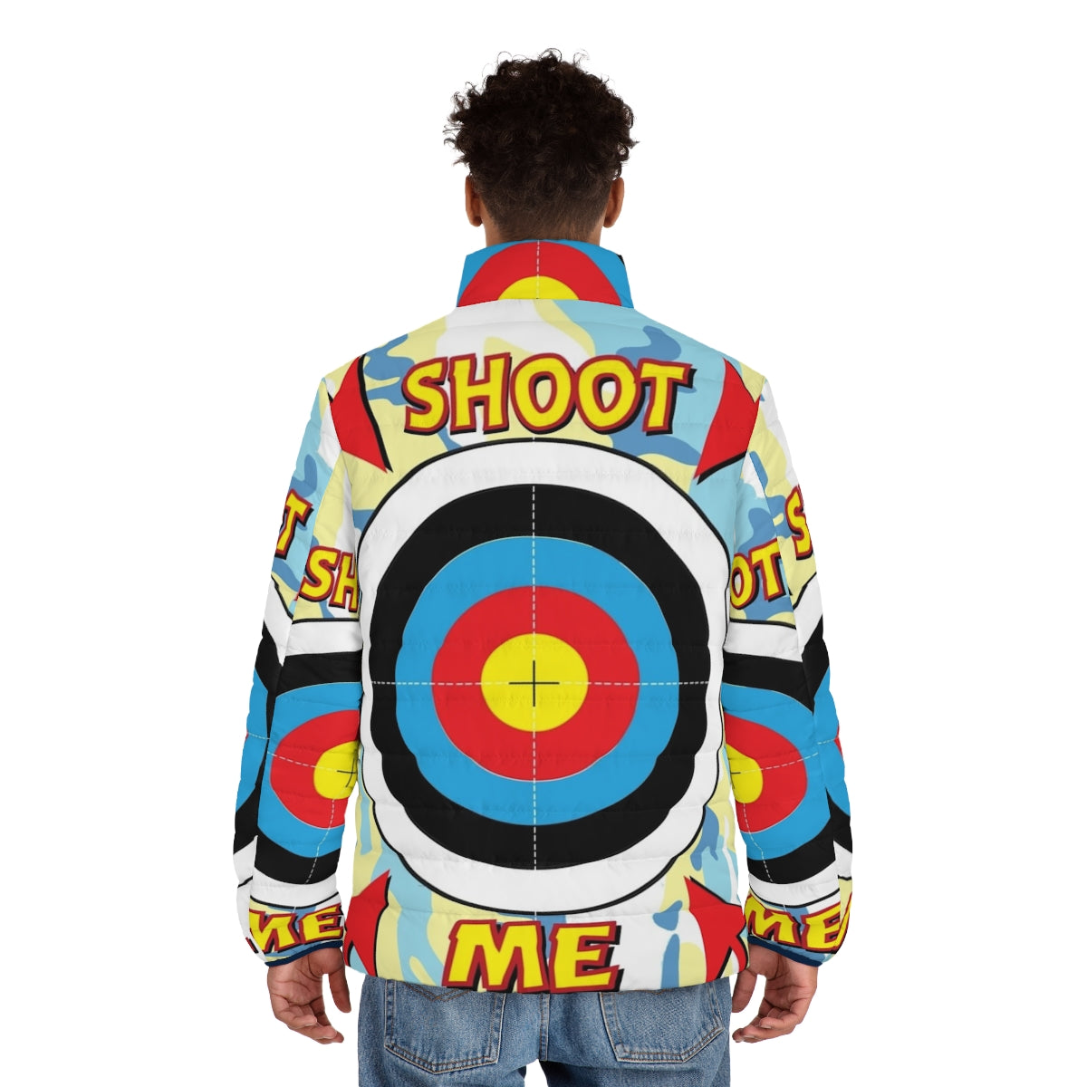 Paintball Stag Hen Do Puffer Jacket with Bullseye Target Design - men back