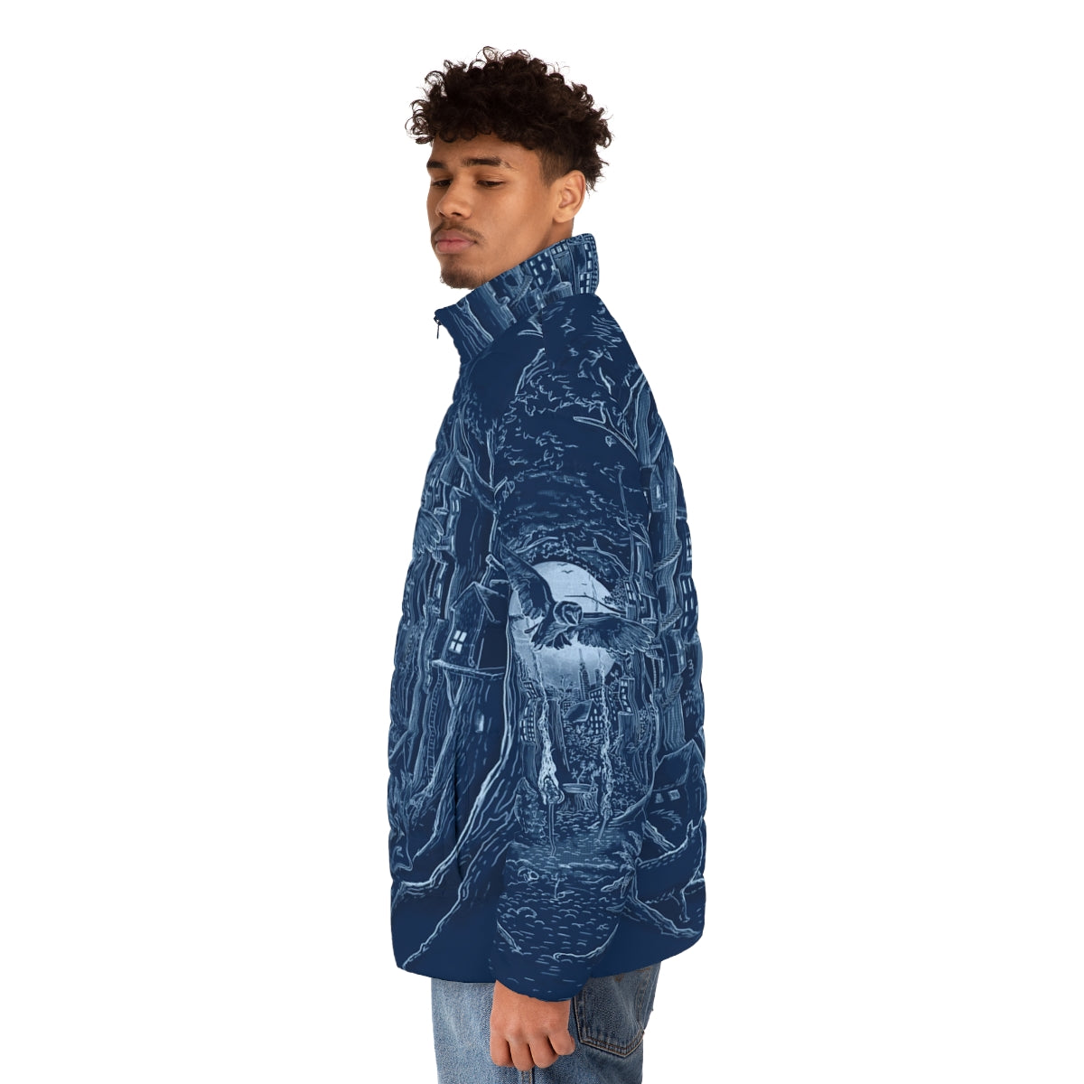 Puffer jacket with forest, moon, and animal elements - men side left